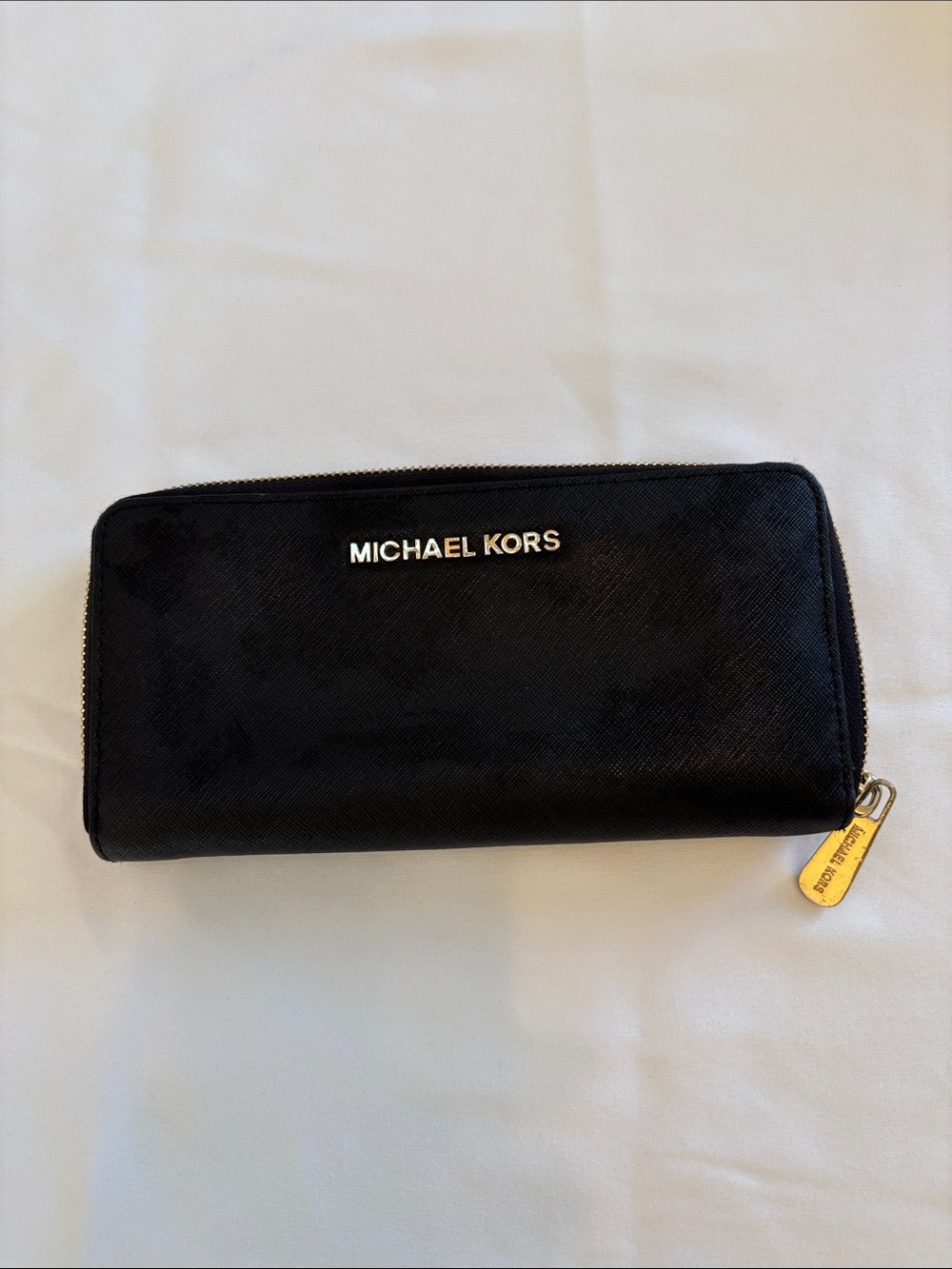 Michael Kors Black Saffiano Zip Wallet with Gold Hardware